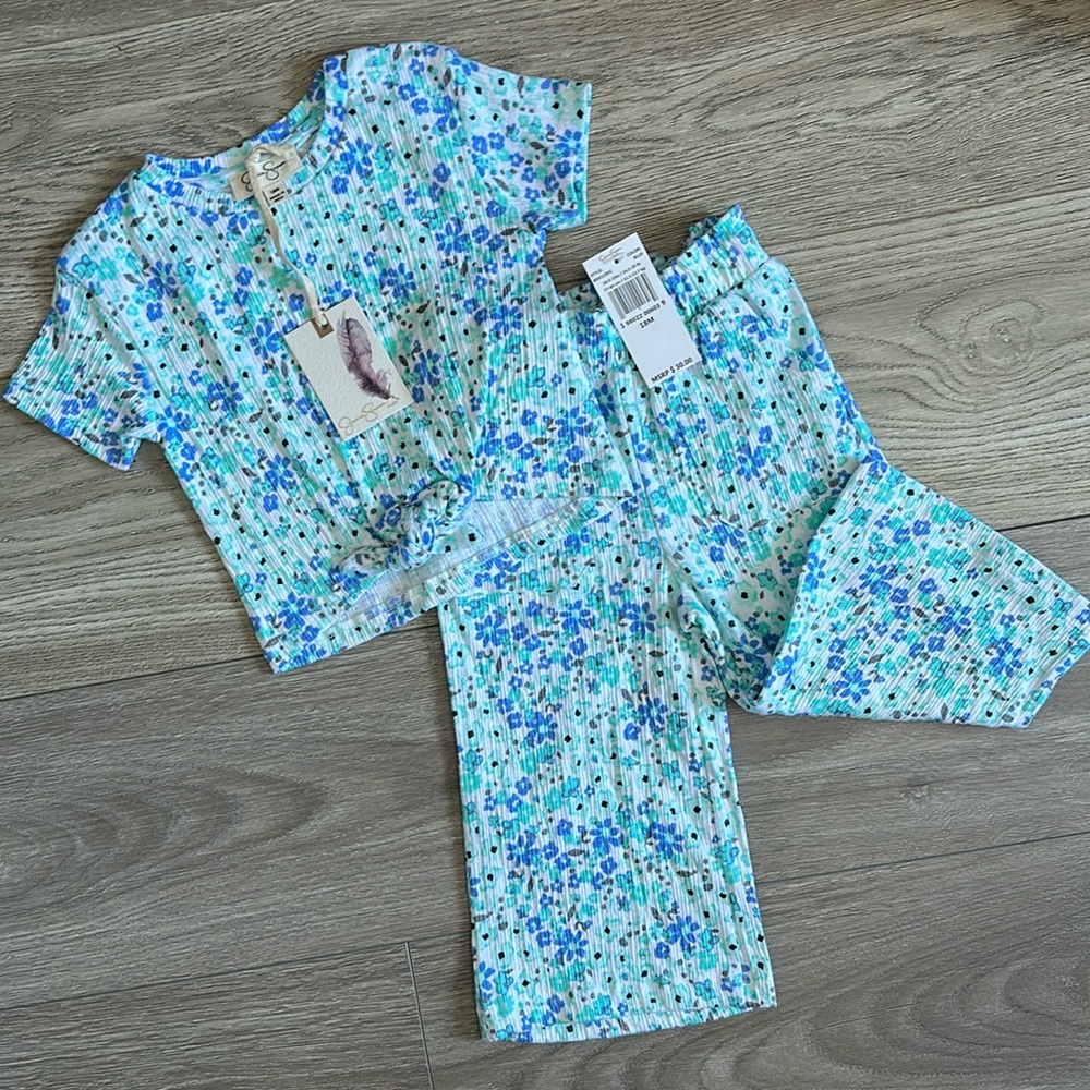 Jessica Simpson Toddler Matching set, Floral Tie-Front Top in Blue and Green